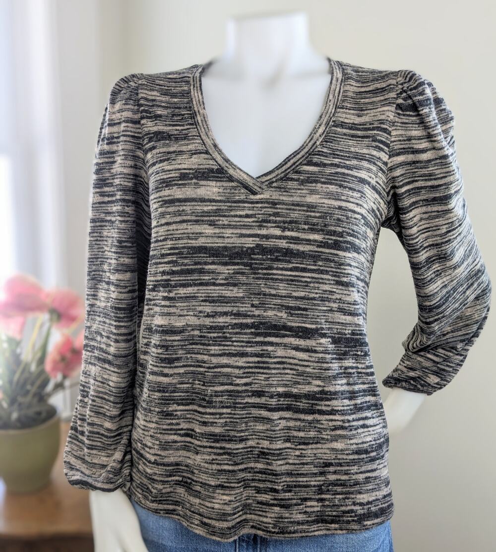 Supply & Demand Fleece Top XS Brown Black Lightweight Stretch Puff Sleeve NEW